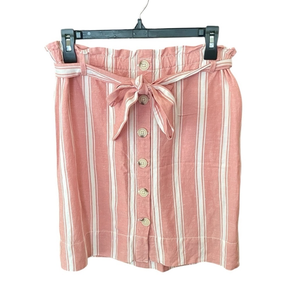 Loft linen blend striped belted button skirt lined elastic waist XS pink white - Picture 1 of 8